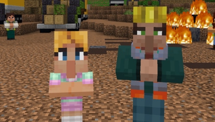 Two Minecraft characters standing in front of a fire