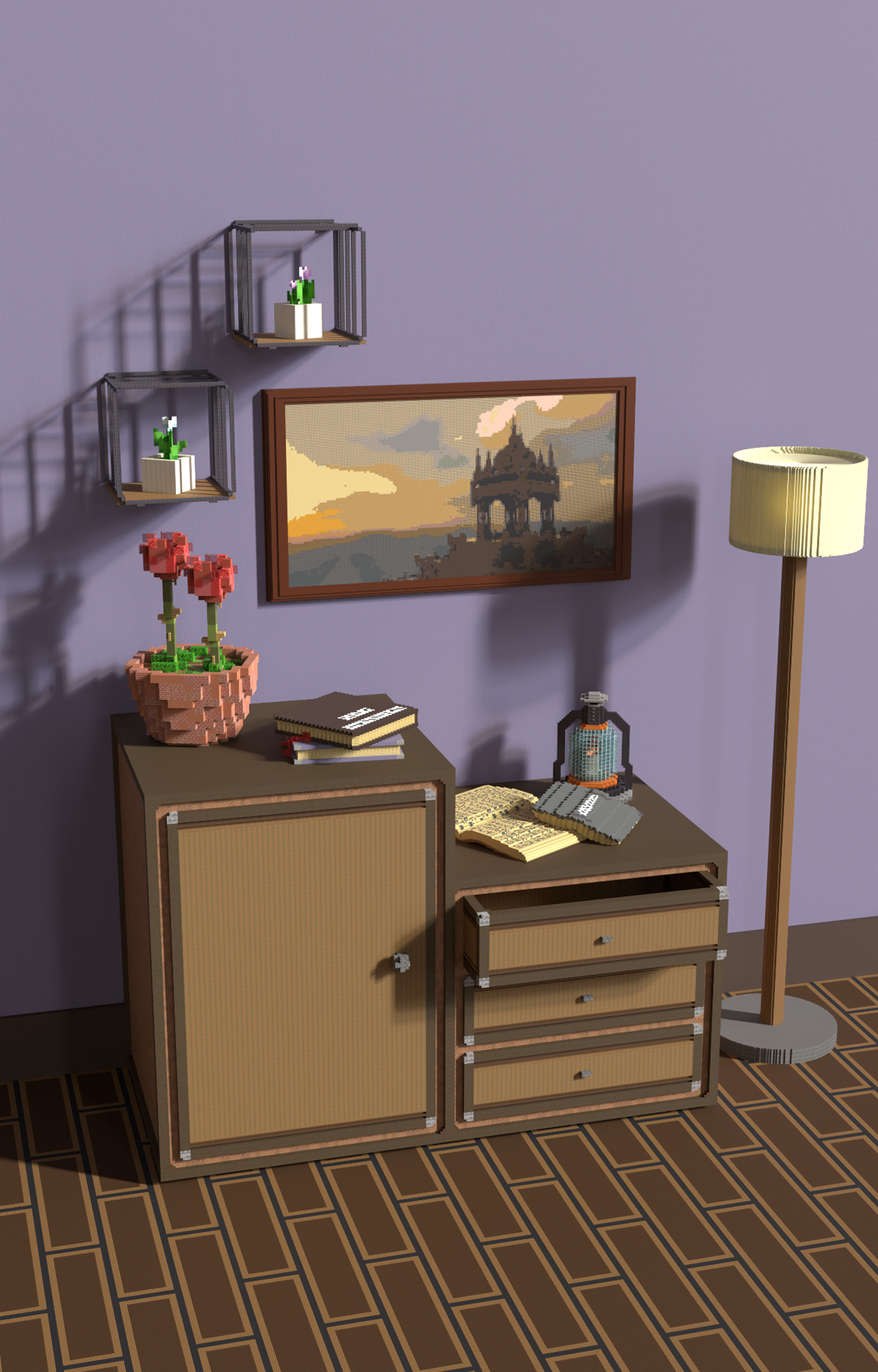Image created in Minecraft of a furniture setting like one found in the entry way of a home with a lavendar wall, some shadow boxes on the wall with small plants inside of them, a floor lamp, and some small dressers with various items like a book and plant atop of them.