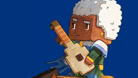 A Minecraft Legends character playing the lute