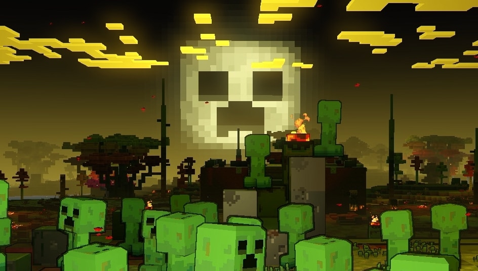 A screenshot from Lost Legends: Creeper Clash for Minecraft Legends showing the hero next to an army of creepers. The sky is dark and the creeper moon gives the clouds a greenish-yellow glow.