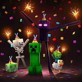 Minecraft mobs in party hats, celebrating