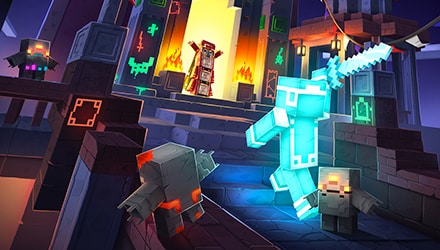 マインクラフト ダンジョンズ のキャラクターがポータルをくぐろうとしています