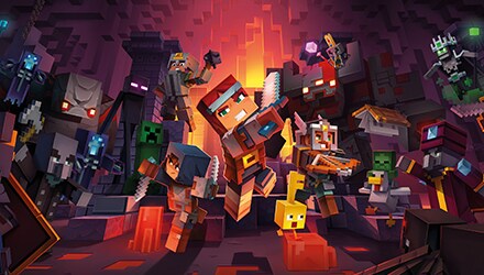 Val and other Dungeons heroes surrounded by the Arch-Illager and other motbs.