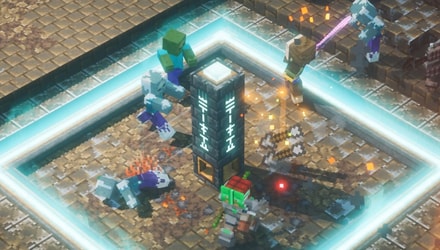 Dungeons players fighting next to an obelisk