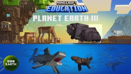 Planet Earth III DLC のキービジュアルの画像。オットセイとホホジロザメが水のバイオームにいます。