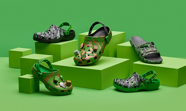 Crocs x Minecraft key art displaying Minecraft themed shoes