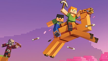 Two players riding on a jumping camel.