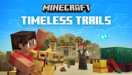 Artwork for the Timeless Trails map. We see a large temple-like building hidden in the desert. In front of it we see cacti and sniffers on the sand. One red-haired character is pointing towards the entrance and another is riding a camel.