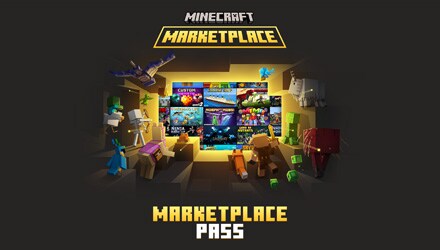 Lots of mob in front of a portal into Minecraft Marketplace with the text Marketplace Pass below.