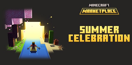 On a black background in blocky, yellow letters it says Minecraft Marketplace Summer Celebration. Below it you can see a character on a boat in a river rowing toward a sunlit opening. On the left side we see a cherry blossom tree, flowers and grass. On the right side we see desert items like a cactus, lanterns and a twig.