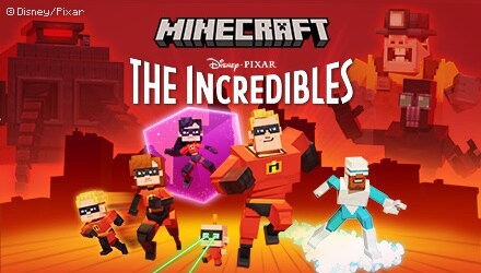The logos for Minecraft, Disney, Pixar, and the Incredibles are seen on an orange background with evil robots barely visible. Below the logos we see Dash, Mrs. Incredible, Violet, Mr. Incredible, Jack-Jack with lazer coming out of his eyes, and Frozone on ice-skates all coming toward us.