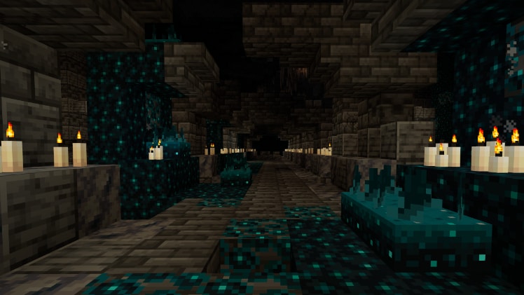 A screenshot of a tunnel in a deep dark biome.