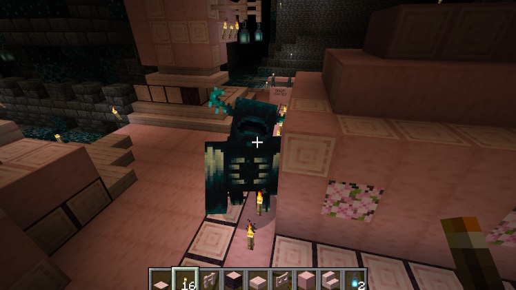 A screenshot of a warden and a house in a deep dark biome.