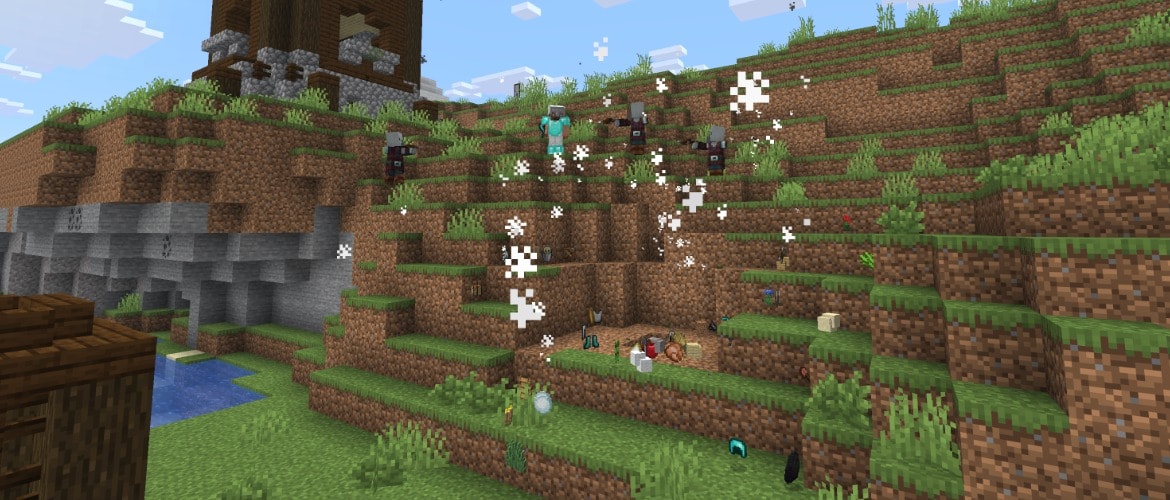 Steve is spectating over the aftermath of a creeper explosion by a Pillager outpost with items scattered all around