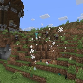 Steve is spectating over the aftermath of a creeper explosion by a Pillager outpost with items scattered all around