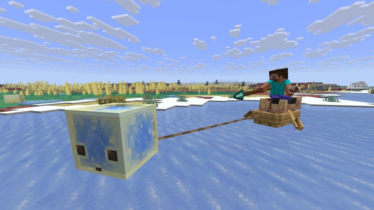 Steve is riding a Pig in a Boat leashed to a Blue Ice absorbed Sulfur Cube, holding a Diamond Spear.