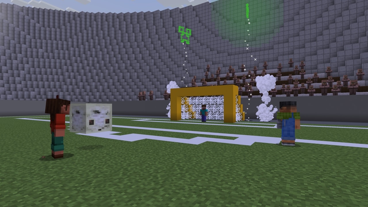 Noor and Sunny are playing football, using the birch absorbed Sulfur Cube as a ball in a stadium. Steve is goalkeeping.