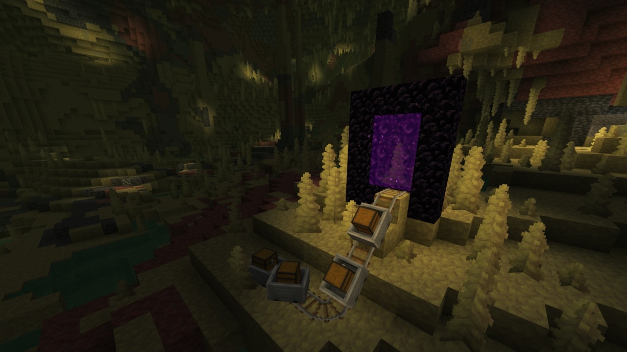 Four Minecart with Chests are being pulled from a Nether Portal in a Sulfur Cave Biome.