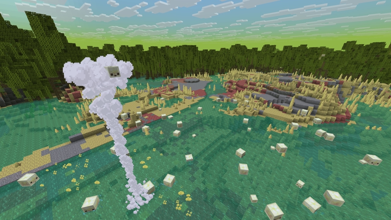 A small Sulfur Cube rising on top of a geyser on a surface Sulfur Cave biome. Many others are happily bouncing on the water in the background.