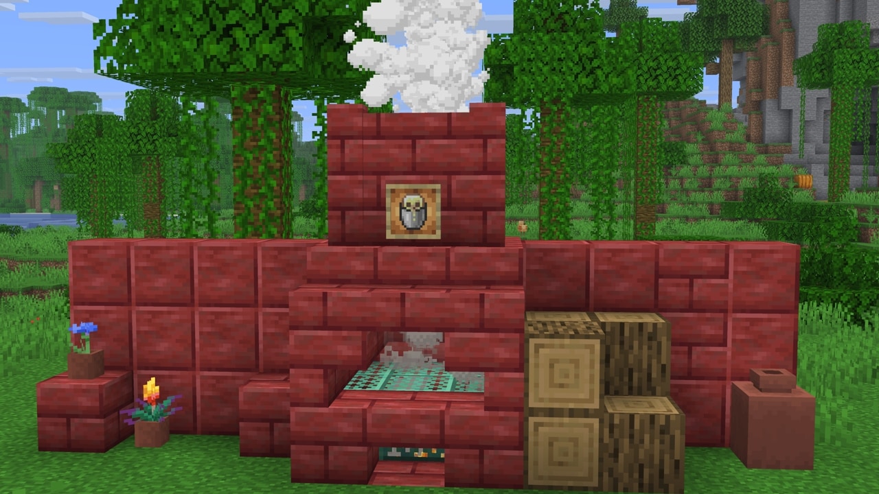 A cute chimney made of Polished Cinnabar blocks and Cinnabar Bricks in a Forest Biome.