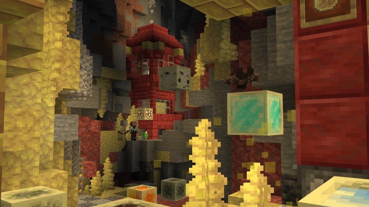 Efe standing next to a cozy Cinnabar house, looking up to a Glowstone absorbed Sulfur Cube.