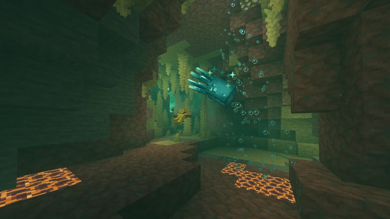 Steve swimming inside an underground Sulfur Cave filled with water avoiding big Sulfur Spikes with a Glow Squid accompanying him.