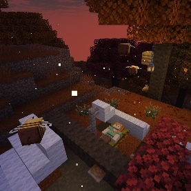Alex is napping in a dappled forest abandoned camp while fireflies and bees buzz around nearby