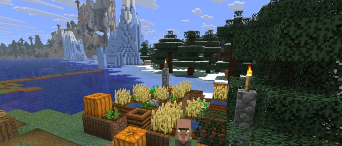 A village field in front of an iceberg