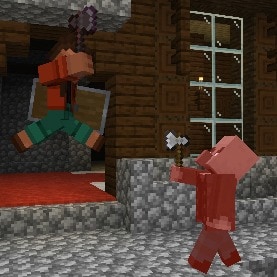 Noor is attacking a vindicator with a netherite axe in front of a woodland mansion.