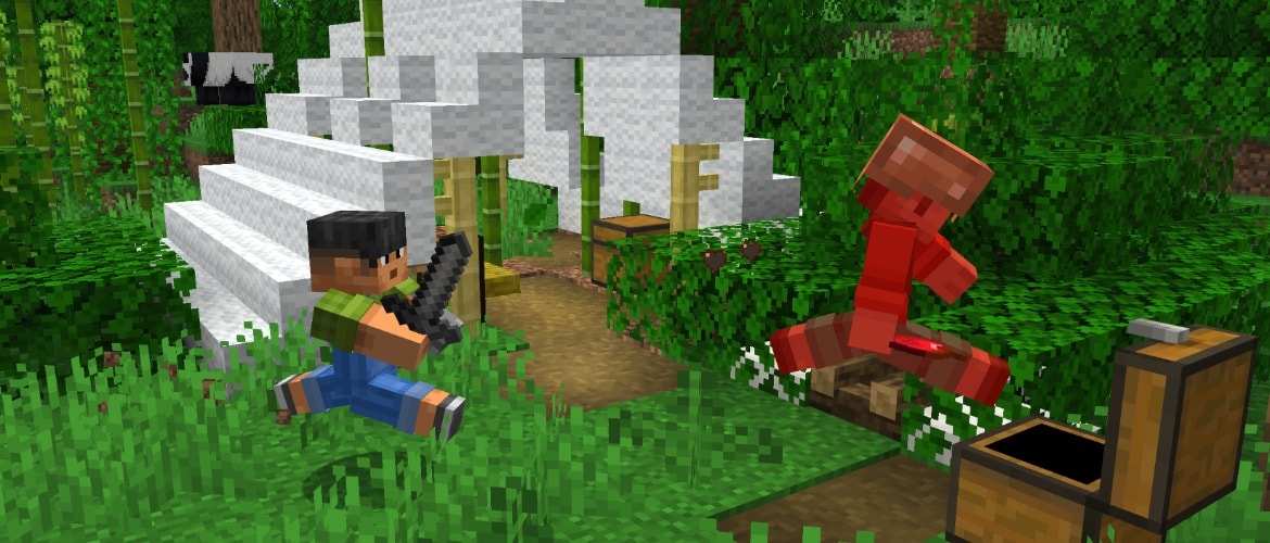 Sunny is sprinting and swinging a Stone Sword at Noor, who is looting a chest within a Bamboo Jungle Abandoned Camp.