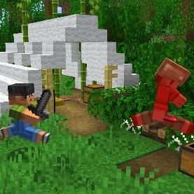 Sunny is sprinting and swinging a Stone Sword at Noor, who is looting a chest within a Bamboo Jungle Abandoned Camp.