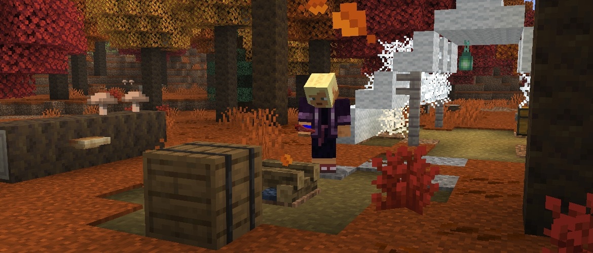 Kai is standing in an Abandoned Camp in a Dappled Forest holding Raw Mutton in their right hand.