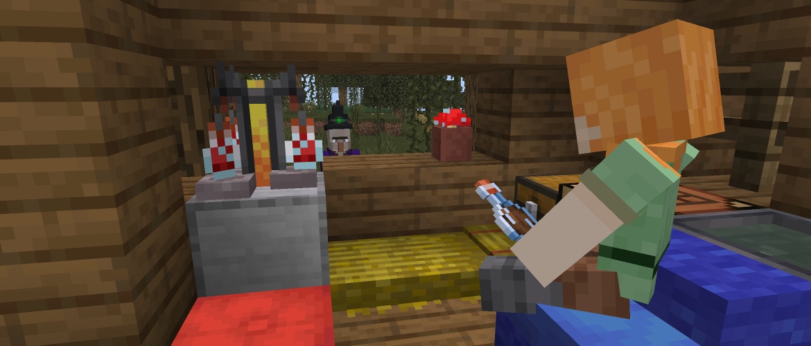 Alex is sitting on a Blue Cushion in a Witch Hut, next to a Straw Bed alongside a Brewing Stand. Alex is holding a brown Potion, and a Witch is staring from outside, clearly wanting to join in the party on the currently empty Red Cushion.