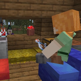 Alex is sitting on a Blue Cushion in a Witch Hut, next to a Straw Bed alongside a Brewing Stand. Alex is holding a brown Potion, and a Witch is staring from outside, clearly wanting to join in the party on the currently empty Red Cushion.