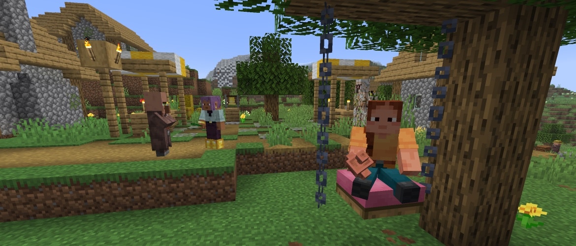 Ari is sitting on a cushion swing under an Oak Tree near a village. Efe is trading some emeralds in the background with the Cartographer safely while Iron Golem checking the surroundings.