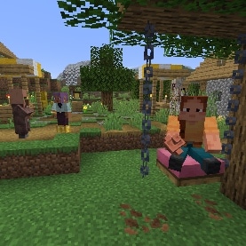 Ari is sitting on a cushion swing under an Oak Tree near a village. Efe is trading some emeralds in the background with the Cartographer safely while Iron Golem checking the surroundings.