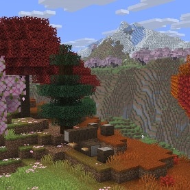 A view of a distant mountain can be seen, framed between a mix of poplar and cherry trees.cc