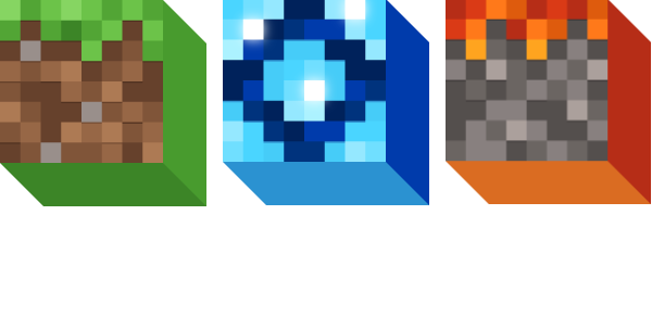 Green, blue and red blocks that represent the Minecraft games