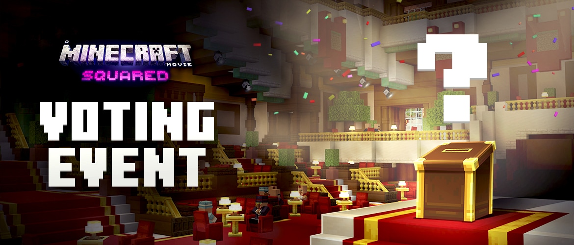 A wide view of a Minecraft theater voting event. Confetti falls as a ballot box stands on a spotlighted stage beneath event branding.