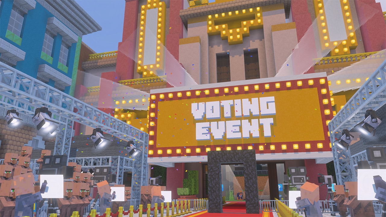 A Minecraft premiere-style venue welcomes visitors to a voting event, complete with bright marquees, cameras, spotlights, and cheering crowds.