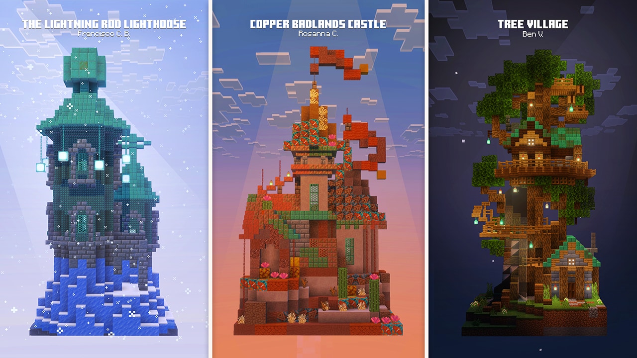 Three Minecraft Movie Build Challenge semifinalist builds are showcased side by side: the Lightning Rod Lighthouse, the Copper Badlands Castle, and the Tree Village.