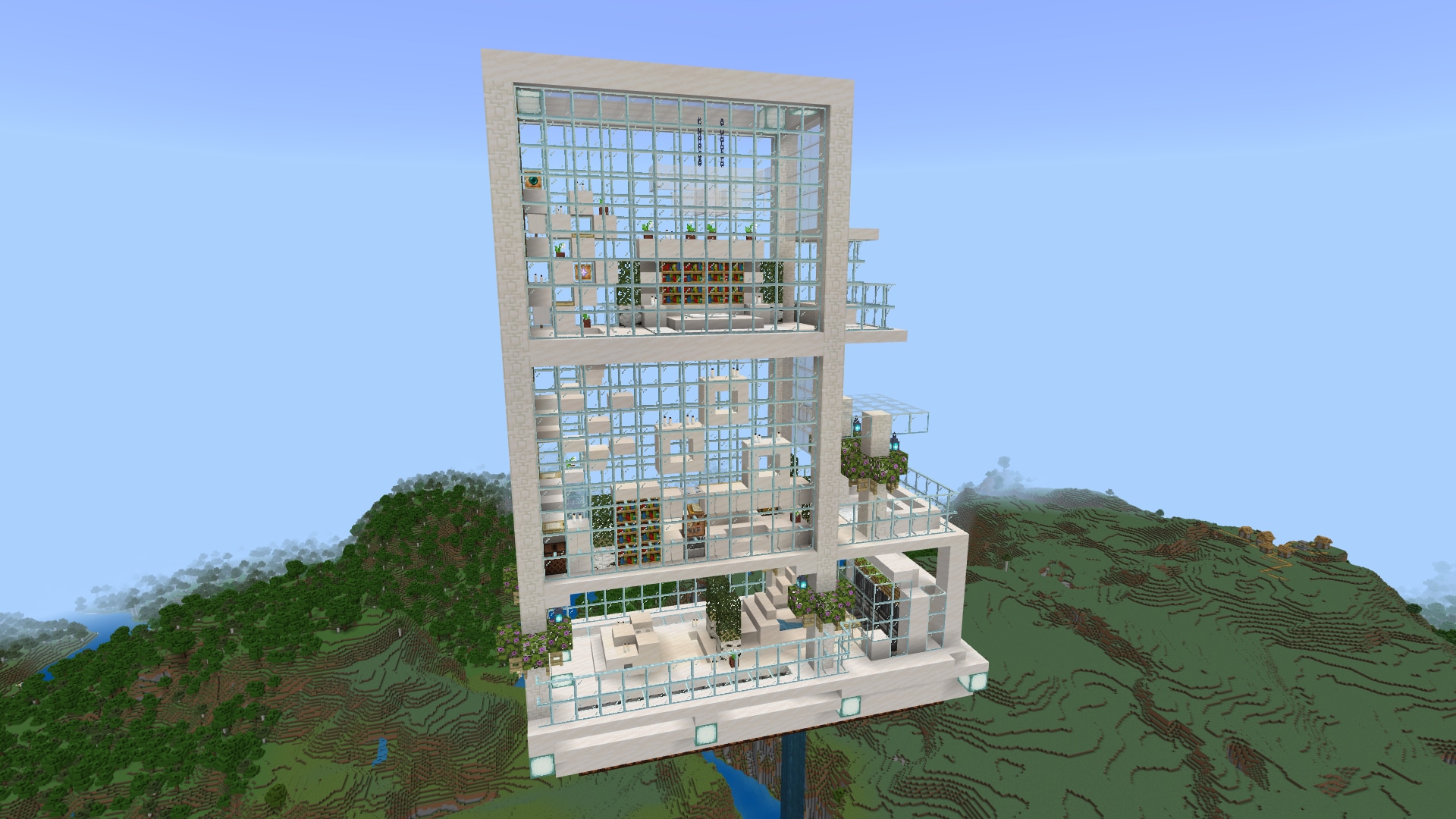 A three story house built in the sky in Minecraft, with white stone blocks, clear glass blocks, hanging greenery, and a library on the top floor.