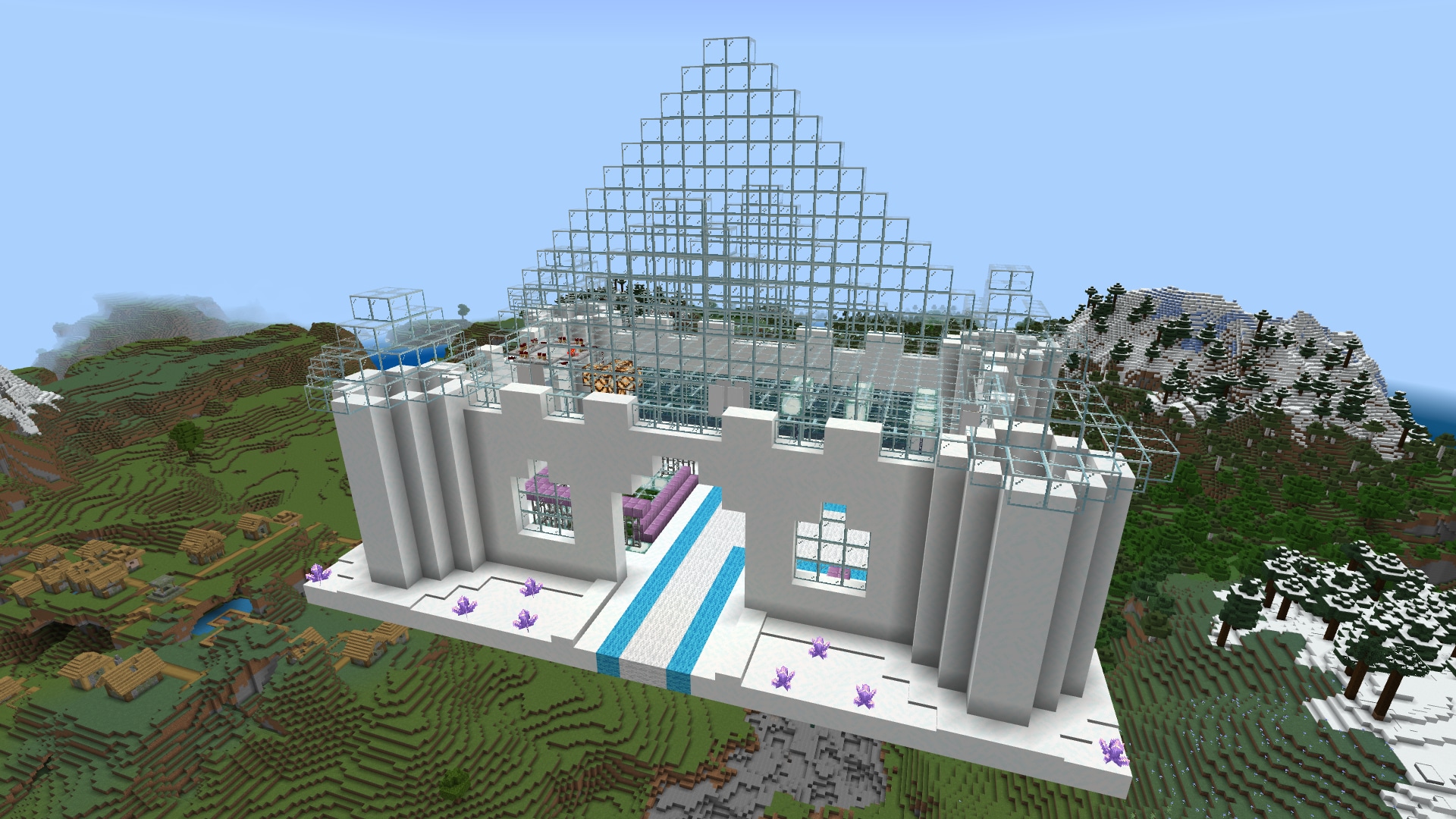 Image of a castle club built in the sky in Minecraft out of snow blocks and clear glass blocks atop in a pyramid pattern, and amethyst crystals sprinkled around the exterior. 