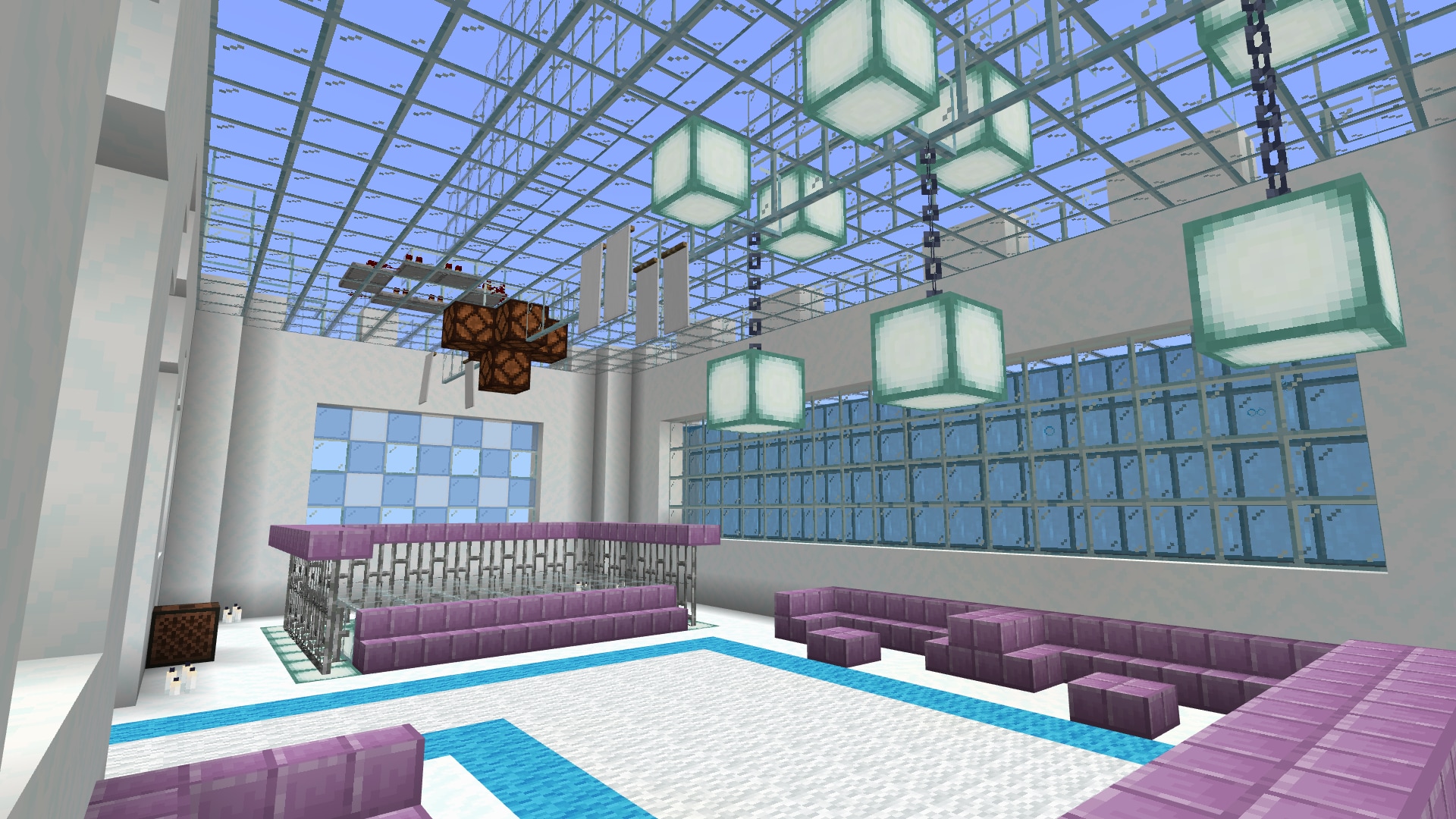 Interior shot of the sky snow castle club with an elevated dance floor, redstone disco ball, hanging lanterns, and purple seating