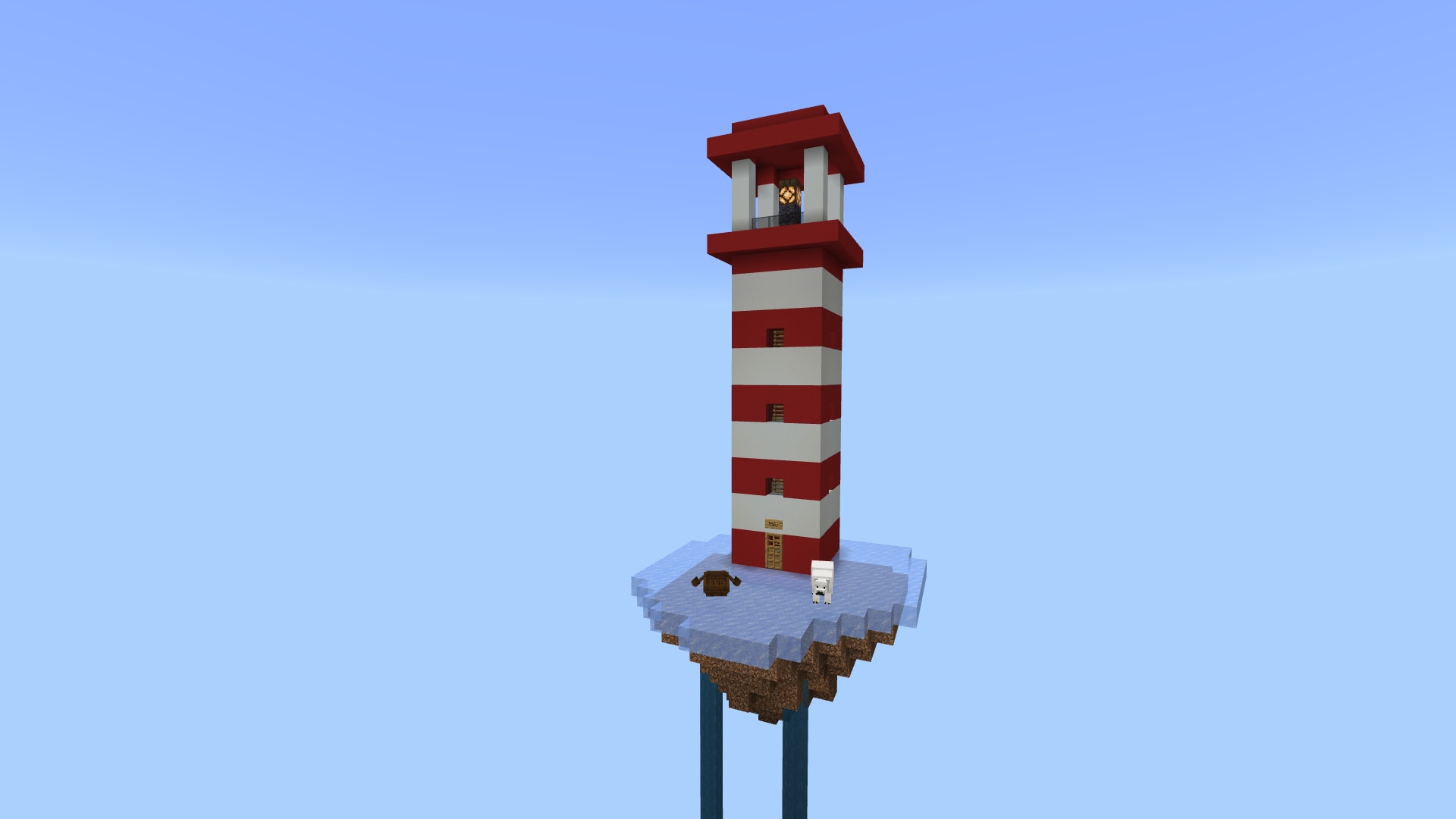 A red and white horizontally striped lighthouse atop a small ice shelf with a polar bear