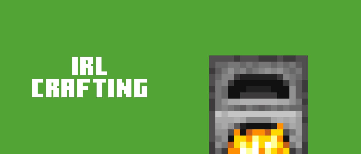Image of a green background with the words IRL CRAFTING in white centered on the left with a furnace from Minecraft on the right