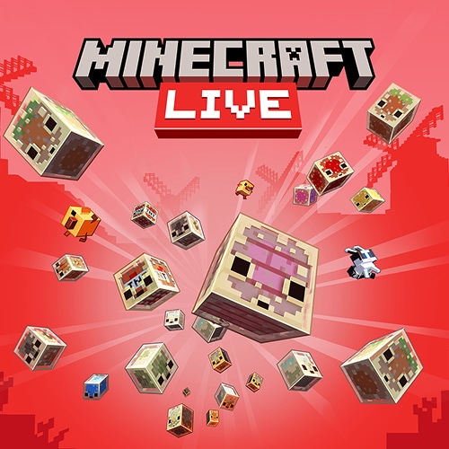 Diverse Minecraft-zwavelblokken en -mobs barsten tevoorschijn uit een centraal licht tegen een felrode achtergrond. De tekst luidt: Minecraft LIVE.