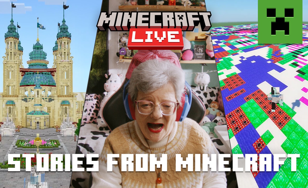 An old lady, laughing while playing Minecraft.