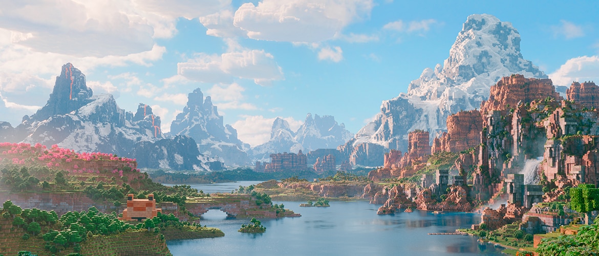 An image from A MINECRAFT MOVIE featuring a vibrant vista. In the foreground, there is a lush field filled with flowers and in the middle of the image, there is a lake with a grand waterfall to its right. In the background, there are snowcapped mountains, some of which have lava streaming down from their peaks.