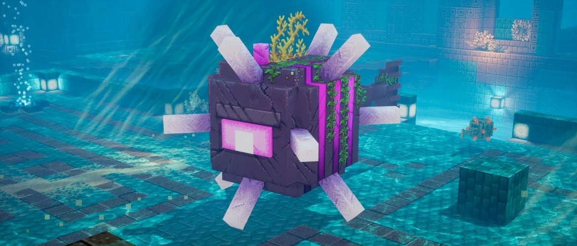 An elder guardian in an underwater environment in Minecraft Dungeons.
